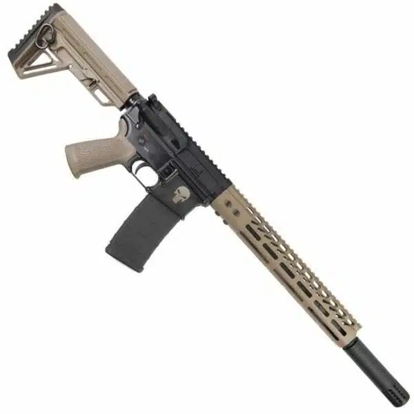 Modern two-tone AR-15 with adjustable stock, FDE handguard, and tactical accessories.