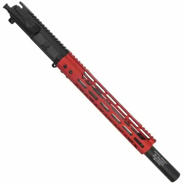 Custom black-red AR-15 upper with 12 MDTLE M-LOK handguard, fake suppressor.