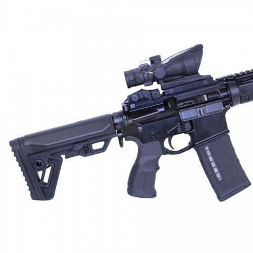 AR-15 tactical rifle with optical sight, collapsible stock, ergonomic grip, modular handguard.