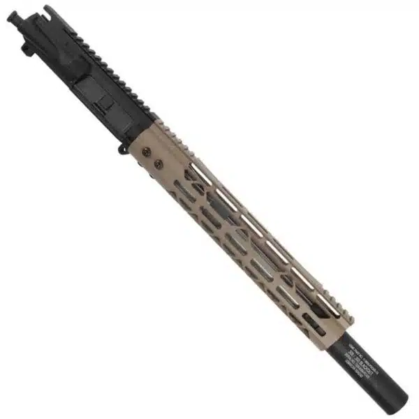 AR-15 style upper, tan M-LOK handguard, Picatinny rail, threaded barrel, fake suppressor.