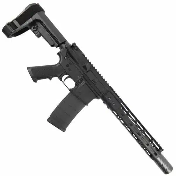 Black AR-15 carbine with collapsible stock and M-LOK rail for tactical accessories.