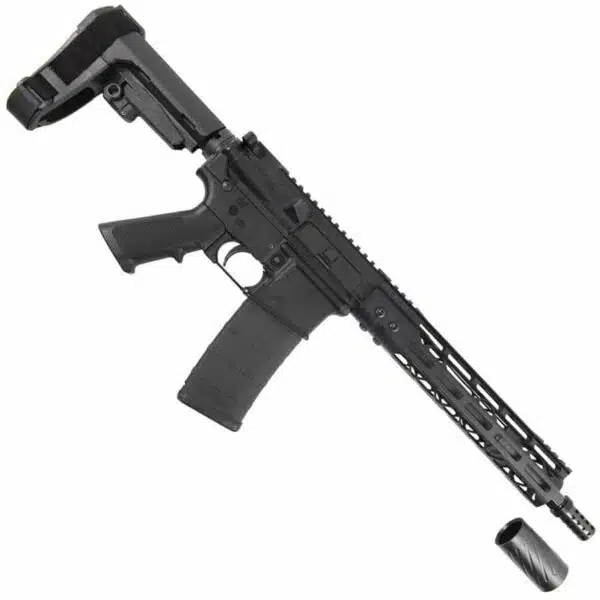 AR-15 tactical rifle with pistol brace, M-LOK handguard, and mountable rail sections for accessories.