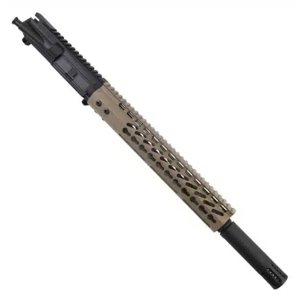 Two-tone AR-15 upper with 16 barrel, FDE handguard, and black muzzle device.