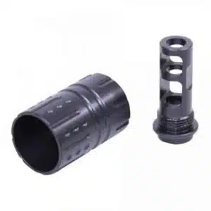 Black metal firearm muzzle devices: flash suppressor and muzzle brake with precision machining.