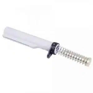 AR-15 buffer tube assembly with arctic white finish and exposed stainless steel recoil spring.