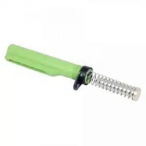 Lime green ergonomic kitchen tool handle with spring, ideal for squeezing or compressing tasks.