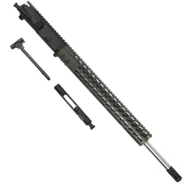 Olive drab AR15 .224 Valkyrie upper with a 15-inch KeyMod handguard.