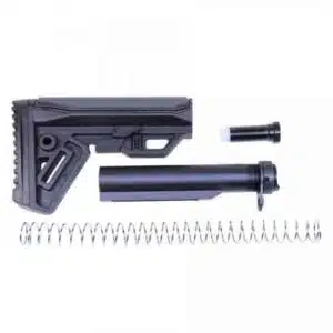 Black AR-308 tactical stock kit with buffer tube and recoil spring for ergonomic rifle customization.