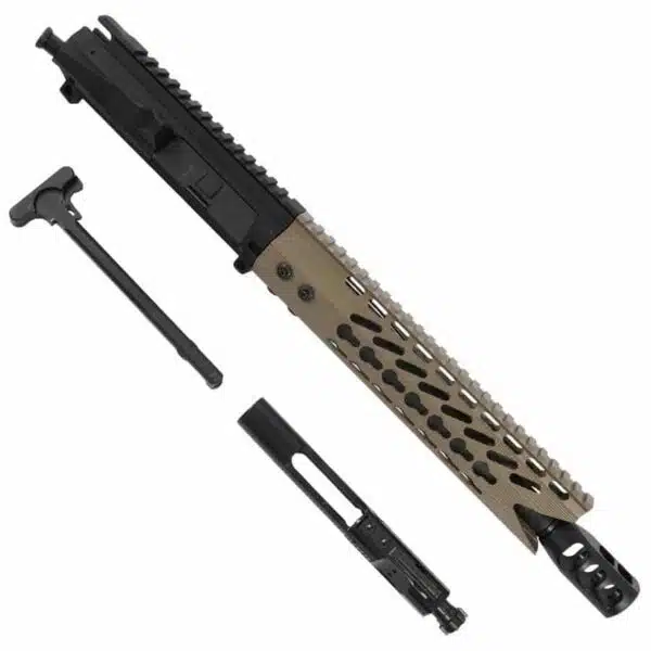 Desert tan 7.62x39 AR15 pistol upper with shark handguard.