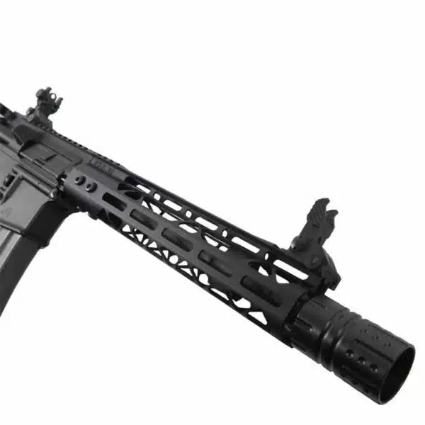 Close-up of AR-style rifles skeletonized handguard and barrel in grayscale.