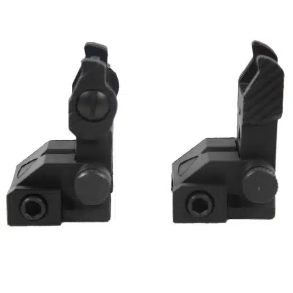 Black flip-up iron sights, folding design, for firearms picatinny/weaver rails, tactical use.