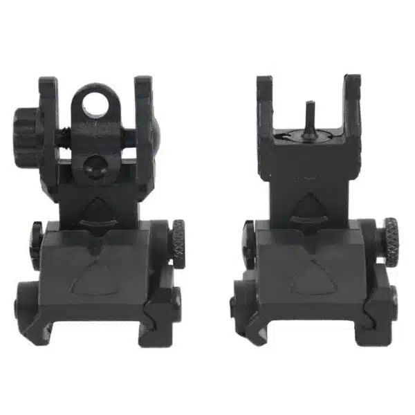 Black tactical flip-up BUIS for rifles, durable design, adjustable, Picatinny rail compatible.