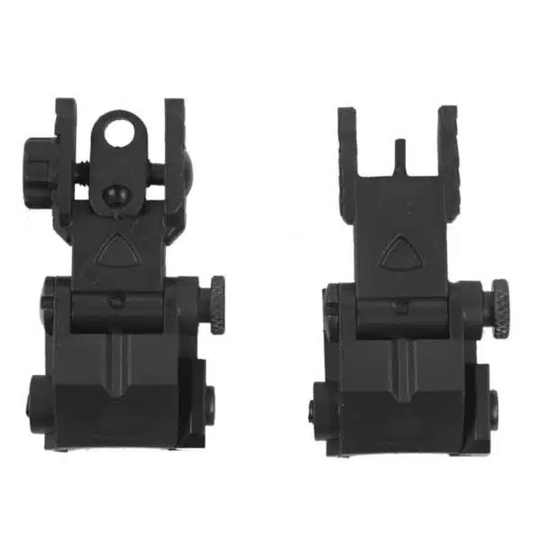 Black tactical folding iron sights for firearms, durable construction, featuring adjustable rear aperture and front post.