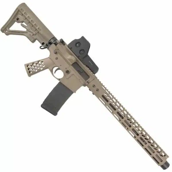 Tan AR-15 rifle with optics, collapsible stock, extended handguard, and black magazine for tactical use.