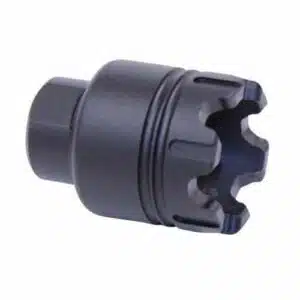 Black muzzle device with serrated crown design for AR-15, reduces flash and recoil.