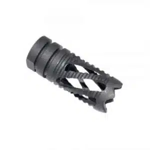 9mm AR-15 flash hider with spiral ports for reduced muzzle flash and recoil.