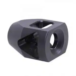 Black metal AR-15 muzzle brake with geometric ports, reduces recoil and improves shooting control.