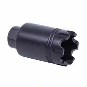 Tactical matte black AR-15 flash hider with claw prongs for 9mm barrel, reducing flash and recoil.