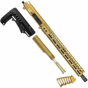 Gold AR-15 upper receiver kit with honeycomb handguard, adjustable buttstock, and matching accessories.