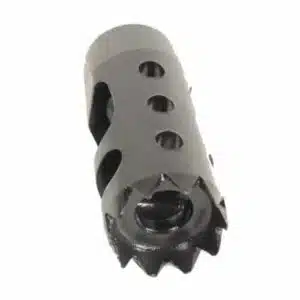 Compact 9mm AR-15 muzzle brake with ports for recoil reduction and improved shooting accuracy.