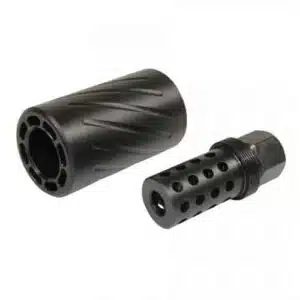 Two black metal muzzle devices for firearms, showcasing spiral grooves and ported designs.