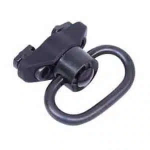 Tactical black metal firearm sling swivel mount with 360-degree rotation for tangle-free use.