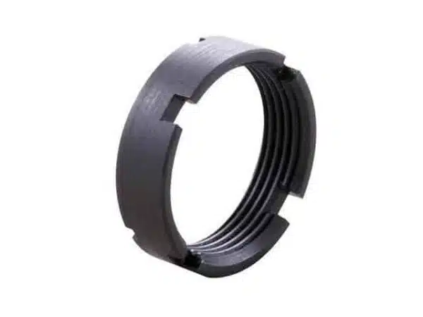 Black AR-15 mil-spec steel castle nut, matte finish, secures buffer tube with notches for installation.