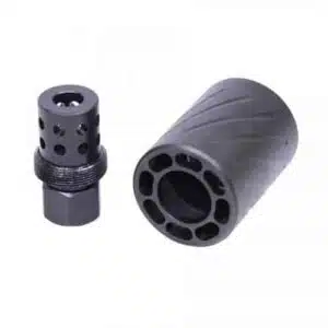 Black metal muzzle brake, vents left, and black suppressor, ribbed design right, for firearms.