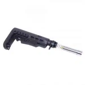 Black polymer adjustable rifle stock and silver metallic buffer tube for AR-platform firearms.