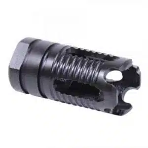 Compact AR-15 9mm flash hider with precision-cut ports, minimizes recoil and muzzle rise.