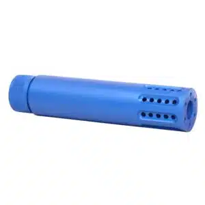 Blue anodized cylindrical device with vent holes and detachable cap, portable and durable.