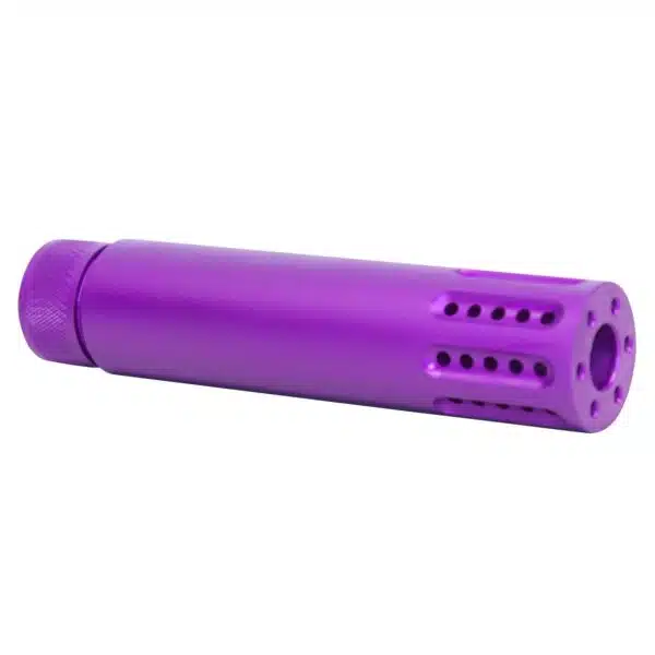 Vibrant anodized purple cylindrical device with perforated end, likely a fake suppressor.