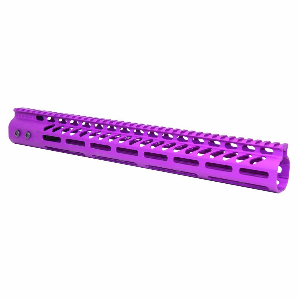 Bright purple AR-15 M-LOK handguard with honeycomb cutouts for weight reduction and cooling.