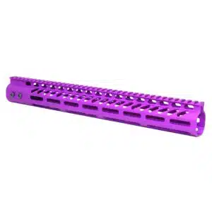 Bright purple AR-15 M-LOK handguard with honeycomb cutouts for weight reduction and cooling.