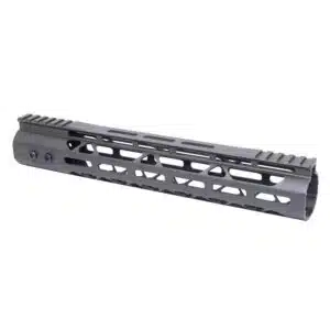 AR-15 handguard with Picatinny rail, M-LOK slots for accessories, in matte black finish.