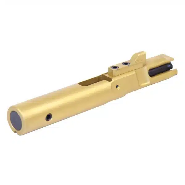 Gold titanium nitride-coated AR rifle bolt carrier group enhances firearm performance and aesthetics.