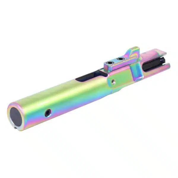 Iridescent PVD-coated bolt carrier group for firearm customization, showcasing vibrant rainbow finish.