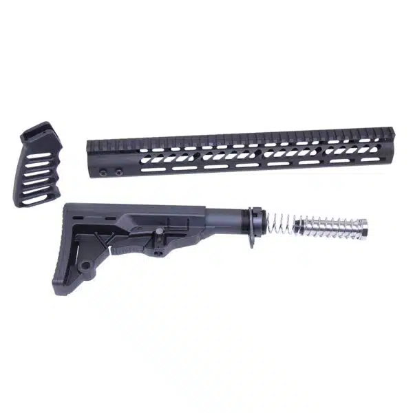 AR-15 Set 15" M-LOK Handguard Skeletonized Grip and Adjustable Stock with Carbine Tube (Anodized Black)