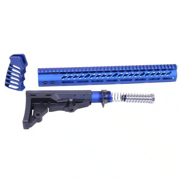 AR-15 Set 15" M-LOK Handguard Skeletonized Grip and Adjustable Stock with Carbine Tube in Anodized Blue