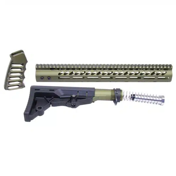 AR-15 Set 15" M-LOK Handguard Skeletonized Grip and Adjustable Stock with Carbine Tube (Anodized Green)