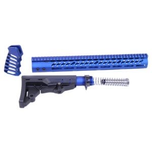 Custom blue AR-15 components: handguard, buttstock, buffer tube, for personalized rifle styling.