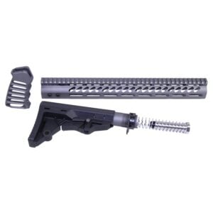 Custom AR-15 parts: handguard, vertical grip, ergonomic stock on white background.