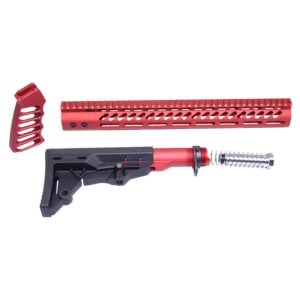 Custom red and black AR-15 parts: handguard, grip, and adjustable stock for rifle customization.