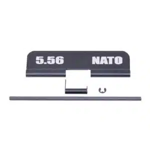 Black AR-15 dust cover, 5.56 NATO marked, durable anodized aluminum, spring mechanism visible.