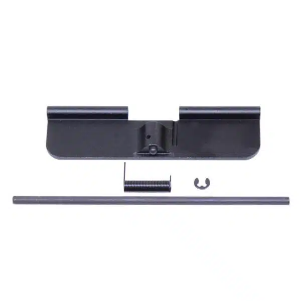 Black AR-15 dust cover assembly with pin and retaining clip on white background.