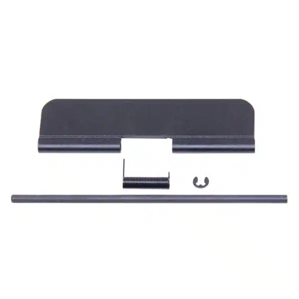 Precision steel components: AR15 dust gate, metal rod, circlip on white background.