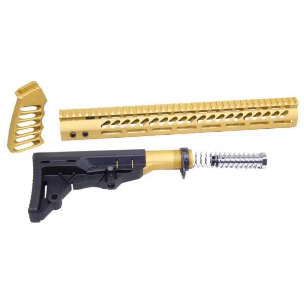 Gold and black AR-15 upgrade kit with handguard, stock, and ergonomic grip.