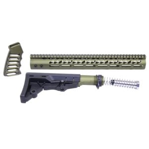 Olive green AR-15 parts kit: grip, rail, stock, buffer tube for customization.