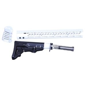 AR-15 stock kit: tactical buttstock, buffer tube, M-LOK handguard, displayed on white background.