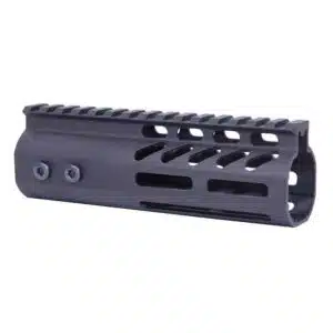 Black tactical handguard for AR-15; M-LOK slots, picatinny rail, lightweight aluminum design.